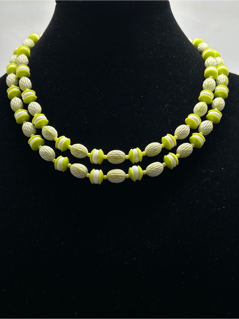 Vintage 60’s Lime Green And White Lucite Beaded Double Strand Necklace Hong Kong